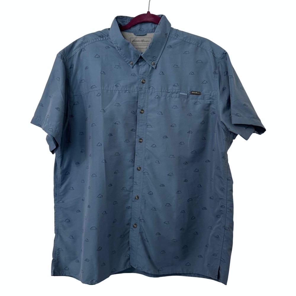 Eddie Bauer Mens XL Blue Tent AOP Pockets Short Sleeve Outdoor‎ Casual Hiking